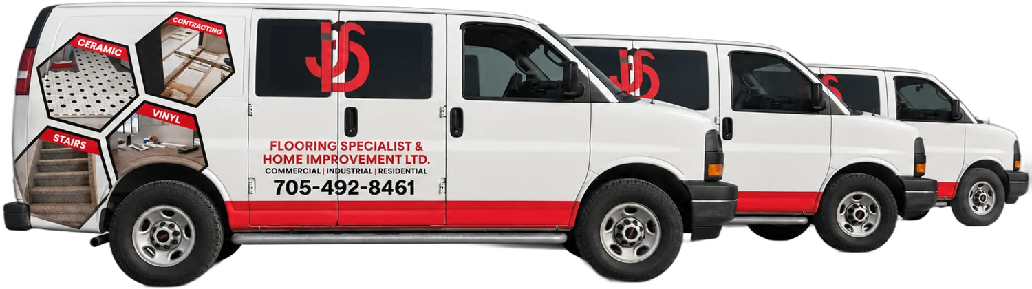 JD Flooring Specialist branded work vans serving North Bay, Ontario